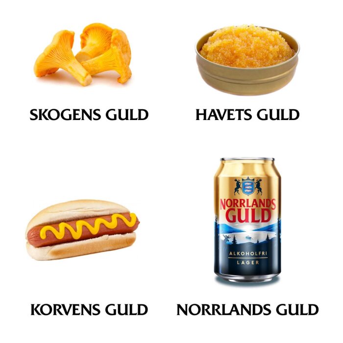 Kantareller, rom, korv med senap och en burk alkoholfri öl med texten "Skogens guld, Havets guld, Korvens guld, Norrlands Guld".