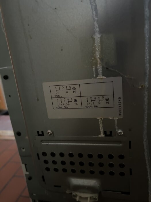 Bild av baksidan på en spis, visar en elanslutning med schema för 230V och 400V, med etikett och synlig skruv vid sidan om.