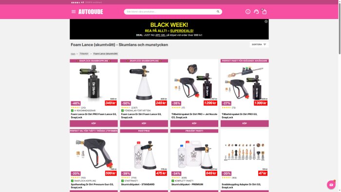 Autodude Black Week-erbjudanden med produkter för skumtvätt, inklusive skumlans och munstycken från Dr Dirt, visas med rabatterade priser.