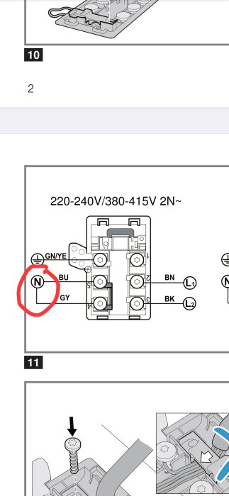 Elektrisk kopplingsschema för installation av enhet med märkning för jord (GN/YE), nolla (N), och ledningar L1, L2. N är rödmarkerad.
