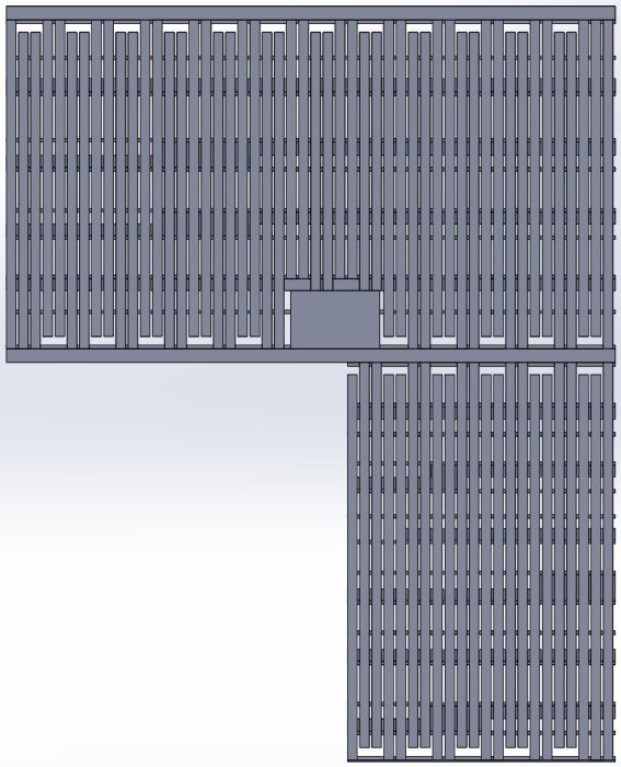 Ritning av bjälklagskonstruktion med glespanel med varierande CC-mått på 310-570 mm, anpassad för vattenburen golvvärmeinstallation.