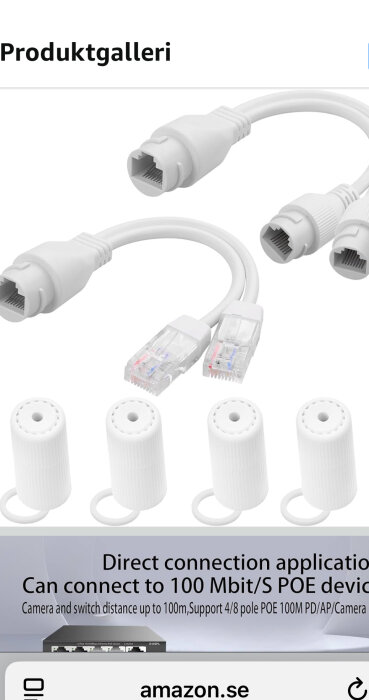 Vit RJ45-splitterkabel med två utspridda kontakter och flera plastskyddshylsor, avsedd för POE-enheter.