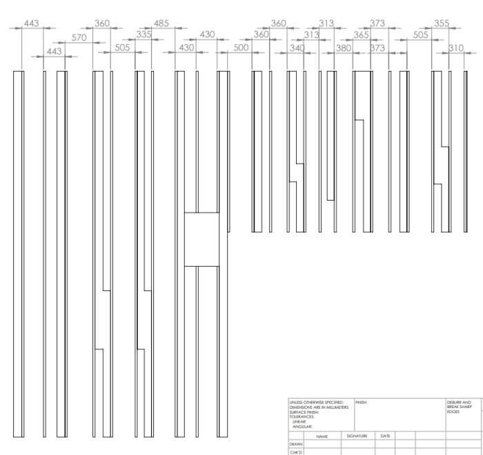 Ritning visar planering av bjälklag med befintliga och nya reglar för att minska CC till under 600 mm, inklusive måttangivelser för spridning.