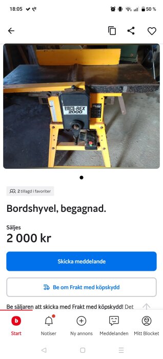 Begagnad gul bordsputs med märket "Emco-Rex 2000" i ett garage.