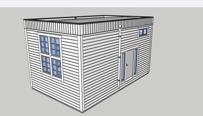 3D-modell av ett litet hus med träpanel, stora fönster och en dörr, grönt tak. Max volym på 30 m² enligt inlägget.
