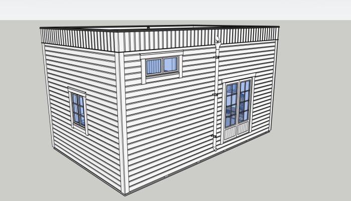 Tredimensionell ritning av en liten byggnad med träpanel, två fönster och en dörr, max volym 30m2.
