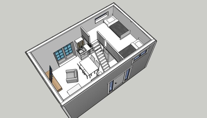 3D-planlösning av ett litet hus på 30m2 med två sängar, köksdel, vardagsrum med soffa och TV, samt matplats med bord och stolar.