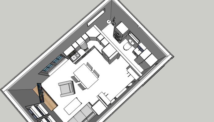 3D-ritning av ett kompakt rum på 30m2, med köksdel, matplats och vardagsrumsmöbler, inklusive soffa och TV, badrum längst bort.