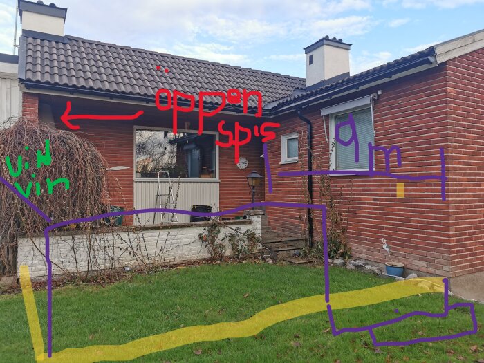 Tegelhus med öppen spis, vit träpanel och mur. Vildvin växer vid metallräcke. Gräsmatta framför och textad plan för att bygga trädäck.