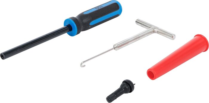 Verktygssats för ventilhalsar inklusive skruvmejsel, krokliknande verktyg, röd kon och ventil. Används i över 10 år utan problem.