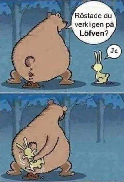 Tecknad bild av en björn och en kanin i samtal, följt av att björnen torkar sig med kaninen bakom en buske. Textbubblor ingår i scenen.