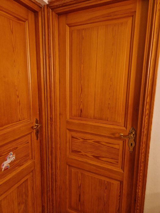 Två lackade spegeldörrar i fur från 70-talet, med mässingshandtag och en enhörningsklistermärke på den vänstra dörren.