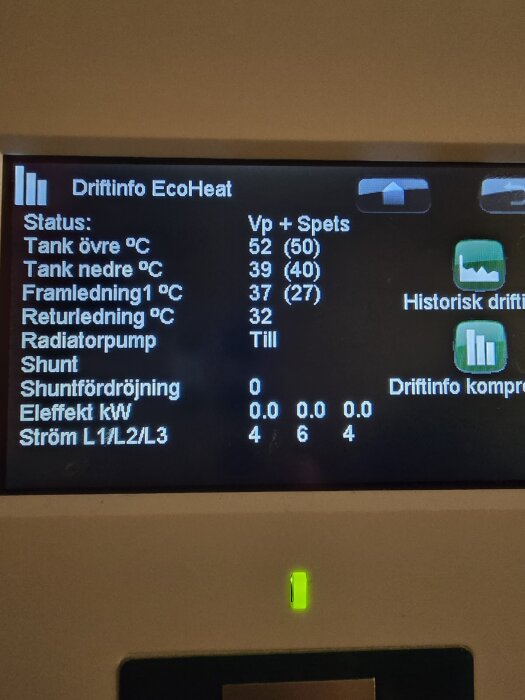 CTC EcoHeat bergvärmepump display visar temperaturer och status: Tank övre 52°C, nedre 39°C, framledning 37°C, returledning 32°C.