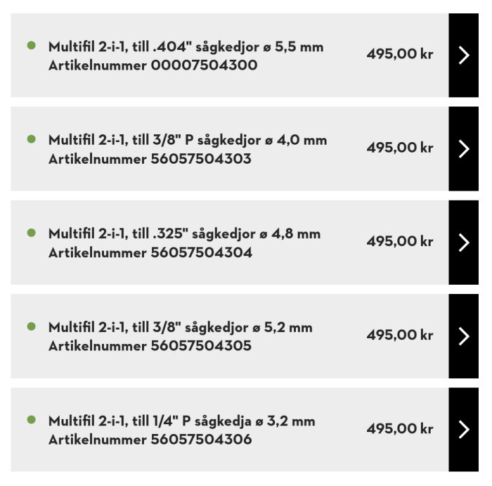 Multifil 2-i-1 verktyg för sågkedjor i olika storlekar och artikelnummer, pris 495,00 kr.