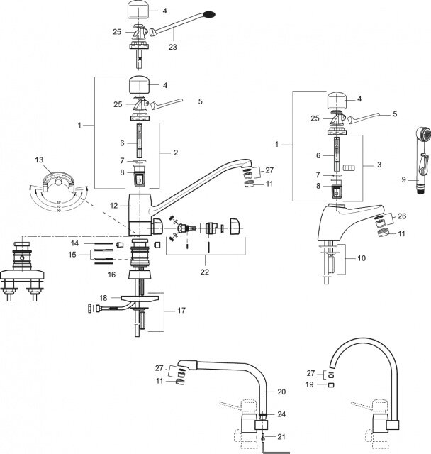 Sprängskiss över Mora-Temp diskbänksblandare med en-grepps design, visande komponenter inklusive spak, anslutning för diskmaskin och monteringsdetaljer.