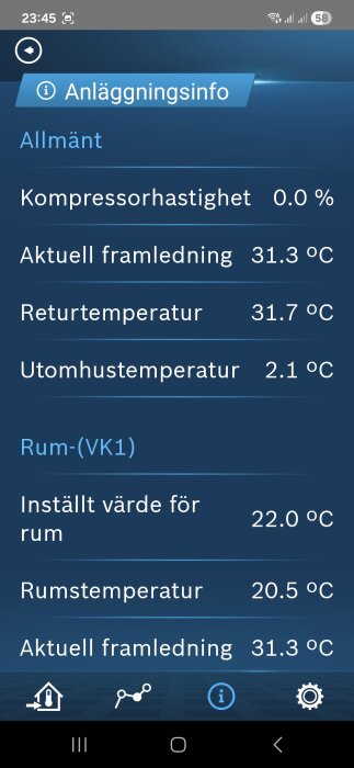 Skärmbild av en app som visar anläggningsinfo för en Bosch 3800i, där kompressorhastigheten är 0.0 % och olika temperaturer visas.