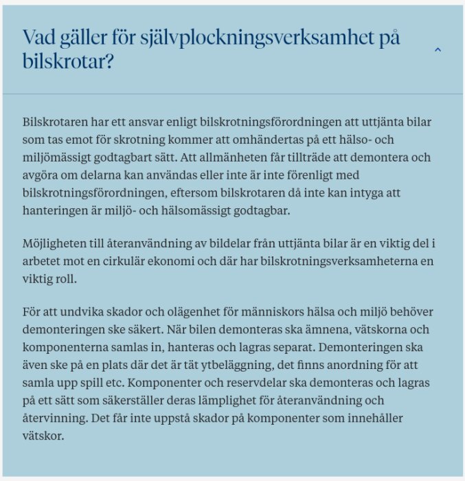 Skärmbild av Naturvårdsverkets sida som diskuterar självplockningsverksamhet och miljöregler vid bilskrotning enligt svensk bilskrotningsförordning.