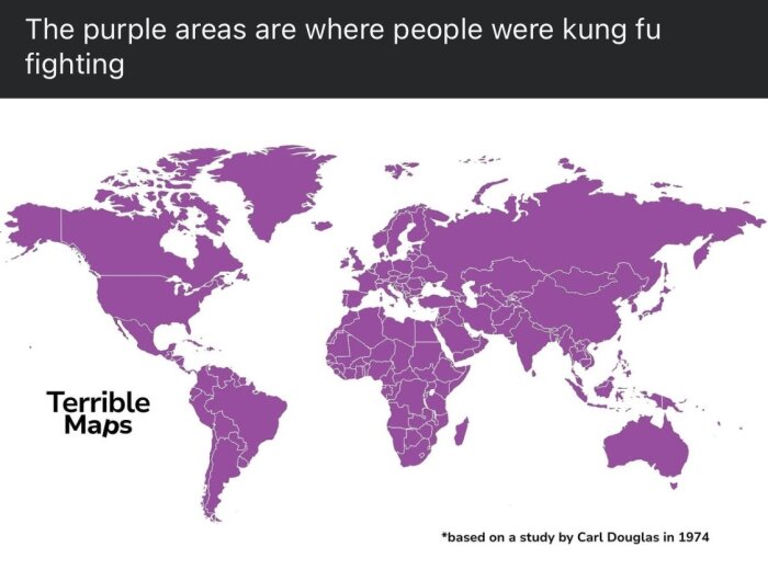 Världskarta med lila områden som skämtsamt markerar platser där folk utövade kung fu, enligt text ovan och en studie från 1974 av Carl Douglas.