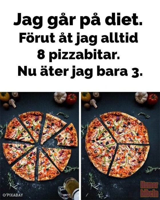 Två bilder av en pizza. Första bilden visar åtta bitar, andra tre stora bitar. Humoristisk text om diet och att äta färre pizzabitar.