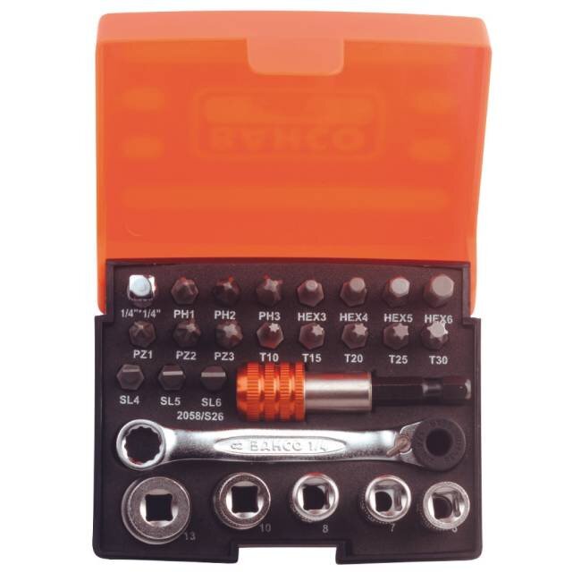 Verktygssats med skruvbits och hylsor för disk- och byggprojekt i en orange plastbox.