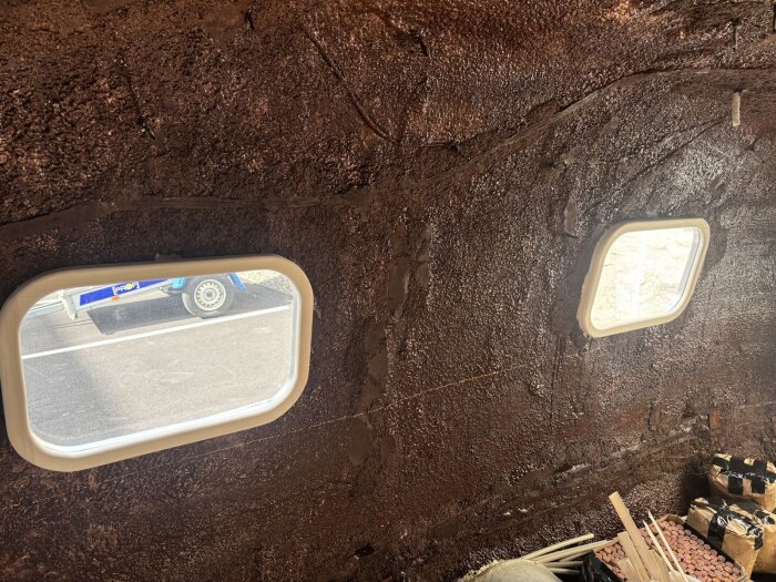 Två rektangulära fönsterramar i en brun vägg, monterade med skruvar. Utsikt mot ett parkerat fordon utanför. Material och verktyg syns i nederkant.