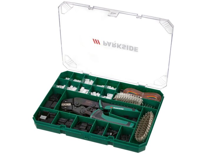 Crimptång-set från Parkside i öppen förvaringslåda, innehållande tång, kontakter och kablar, lämpliga för små kontakter.