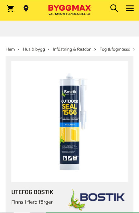 Bild på en förpackning Bostik Outdoor Seal 1566 tätningsmedel, lämplig för utomhusbruk och fogning, erbjuds i olika färger.