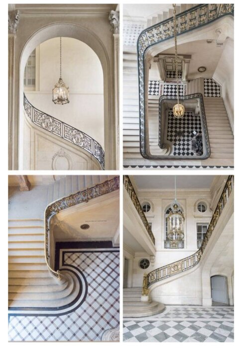 Elegant spiraltrappa med ornamenterat räcke och ljuskronor, omgiven av dekorativa rutmönstrade golvplattor i ett klassiskt inrett trapphus.