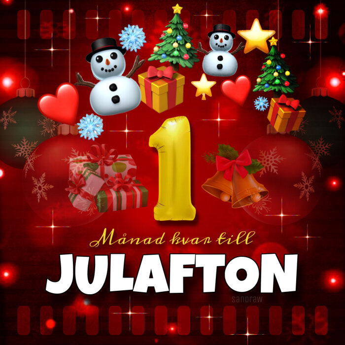 Snögubbar, julgranar, stjärnor, hjärtan, klockor och presenter på röd bakgrund med texten "1 månad kvar till julafton".