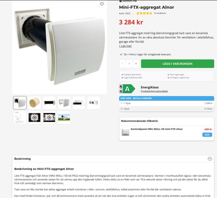 Mini-FTX-aggregat Alnor på en produktsida, pris 3 284 kr. Vit enhet med keramik värmeväxlare för ventilation i mindre utrymmen som garage eller förråd.