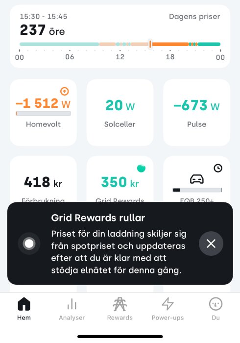 Skärmdump från en energihanteringsapp som visar effektdata för Homevolt, solceller och Pulse, samt pris och Grid Rewards-meddelande.