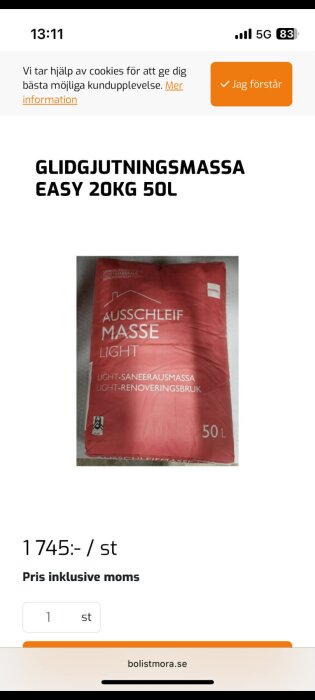 Röd förpackning med texten "Ausschleif Masse Light", ett värmebeständigt renoveringsbruk, 50 liter.
