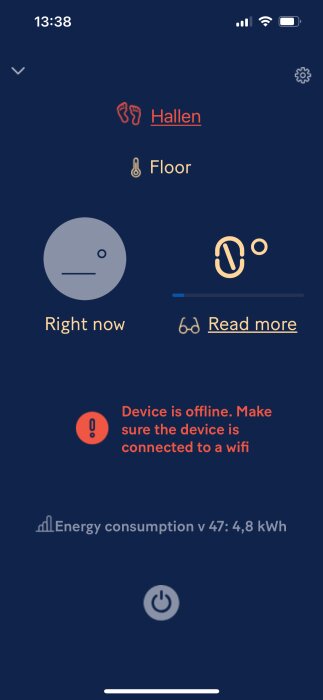 Skärmdump av EB500-app som visar en offline-enhet och uppmaning att ansluta till WiFi, energiförbrukning och temperaturindikator.