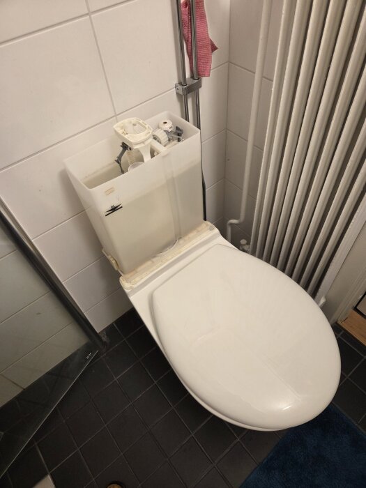 Öppen toalettcistern med synlig mekanism och en röd trasa hängande på sidan. Problem med spolknappen saknar fjäder.