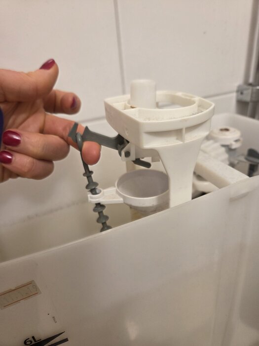 Vit toastolstank med handen hållande en grå hake, en del av toalettens inre mekanism för spolning.