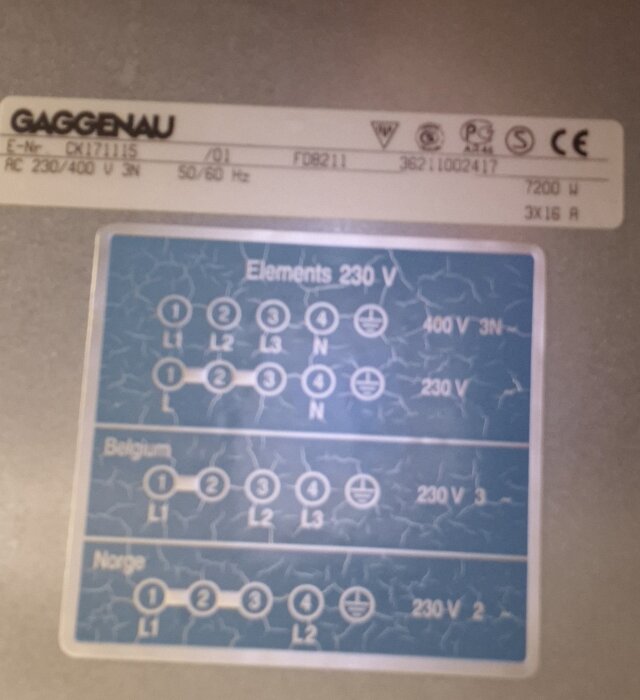 Etikett på Gaggenau CK17115 keramikhäll med elektriska specifikationer, inklusive 230/400V och 7200W, samt kopplingsdiagram.