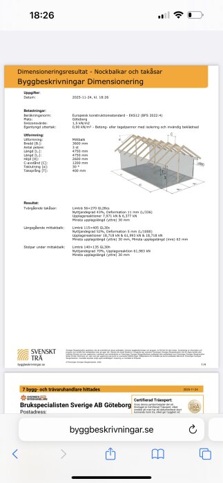 Dimensioneringsrapport för tak med illustration och specifikationer för nockbalkar och takåsar i limträ enligt Europeisk konstruktionsstandard.