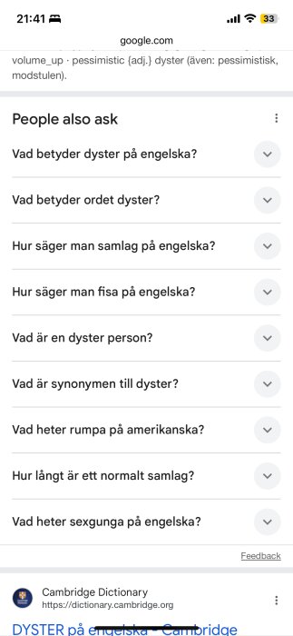 Skärmdump av Googles sökresultat, visar förslag på frågor om svenska ord översatta till engelska, samt deras betydelser och synonymer.