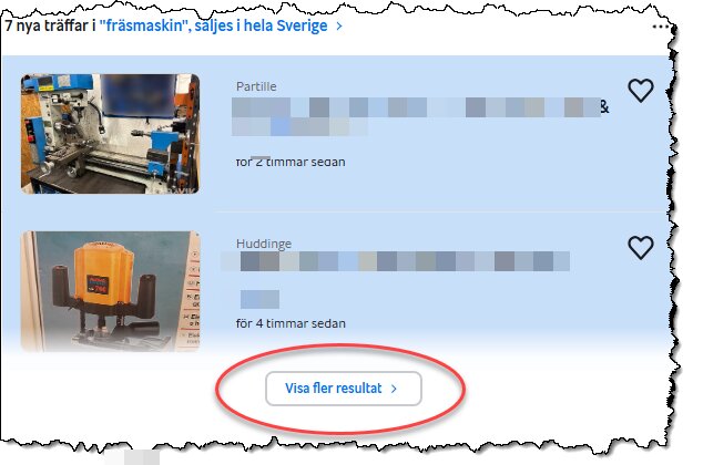 Knapp med "Visa fler resultat" på en söksida för fräsmaskiner.