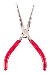 Lång spetstång med röda handtag, användbar när nycklar saknas.