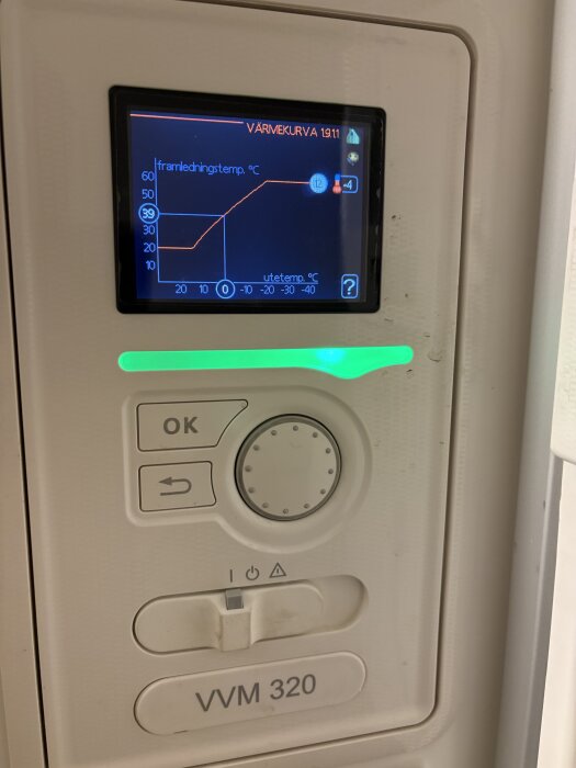 Närbild på en värmepumpsdisplay som visar en värmekurva, framledningstemperatur på 39°C och utetemperatur på -4°C. Enheten är märkt "VVM 320".