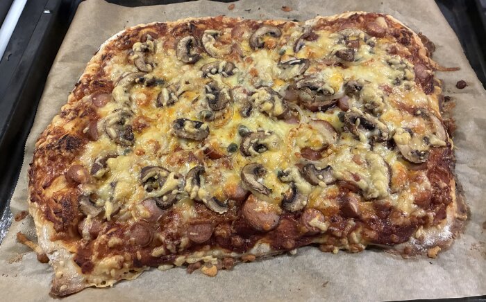 Hemlagad pizza med korv, svamp, lök, kapris och ost på en tröttelfärgad tomatsås, gräddad på bakplåtspapper.