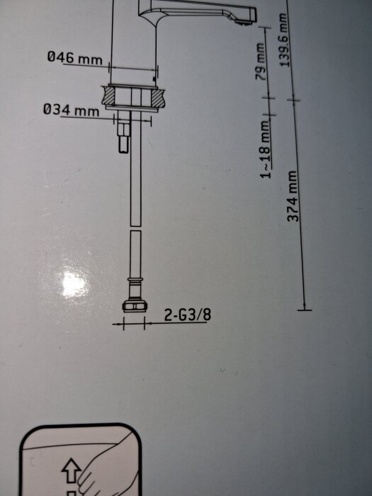 Technisk ritning av tvättställsblandare med måttangivelser, inklusive anslutning 2-G3/8.