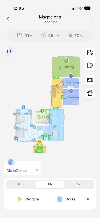 Karta över robotdammsugarens städområde i hemmet med olika rum markerade och statistik över städtid, yta och batterinivå.