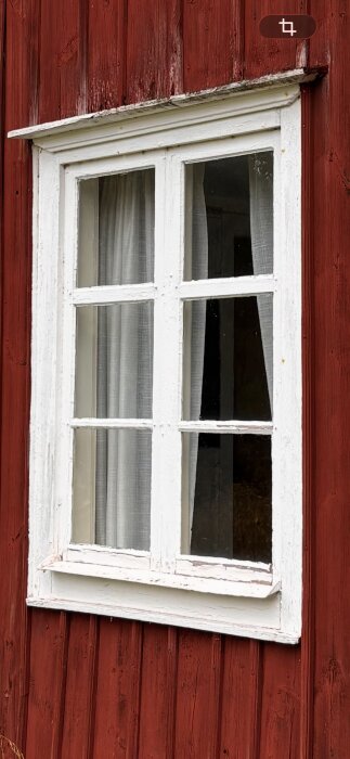 Fönster med vit karm och glas med gardiner, inramat av röd träpanel på ett hus.