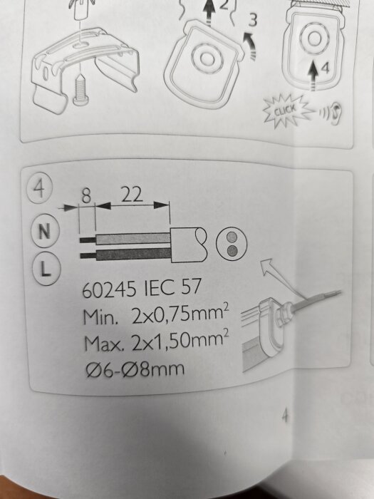 Diagraminstruktion för lysrörskabelinstallation, minsta tvärsnittsarea 2x0,75 mm², märkning 60245 IEC 57.