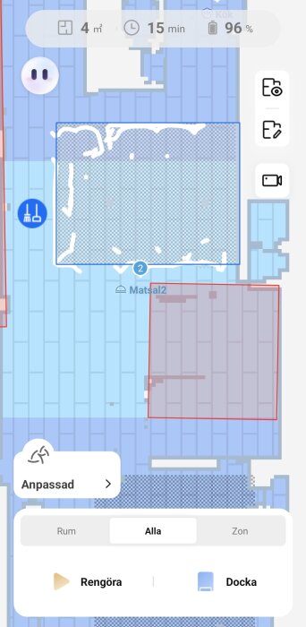 Karta av städrobotens rörelse, visar misslyckad dammsugning av matta i matsal, tid 15 min, yta 4 m², batteri 96%.