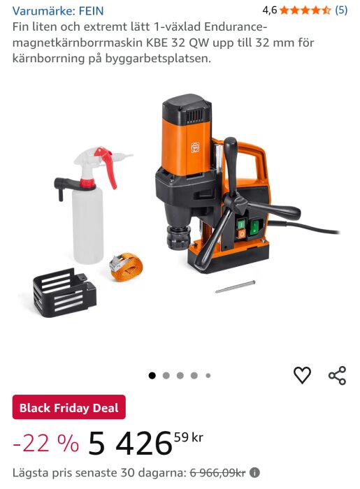 Magnetisk kärnborrmaskin från Fein, modell KBE 32 QW, med tillbehör som sprayflaska och spännband, Black Friday rabatt.