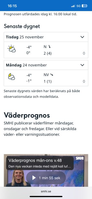 Skärmdump av SMHI:s väderprognos med temperaturer för 24-25 november. Temperaturer visar -4°C och 0°C med låg vindstyrka.
