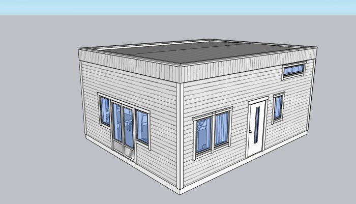 3D-ritning av ett Attefallshus med rak taklinje och fyra fönster, markerar en yta på 50m2 med max volym.